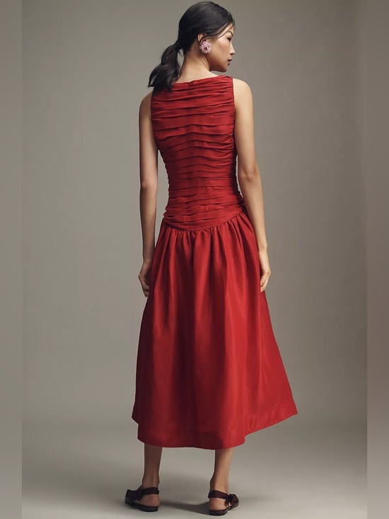 NWT Anthropologie Lovaan Val Linen Silk Pleated Midi Dress Red - Picture 4 of 9